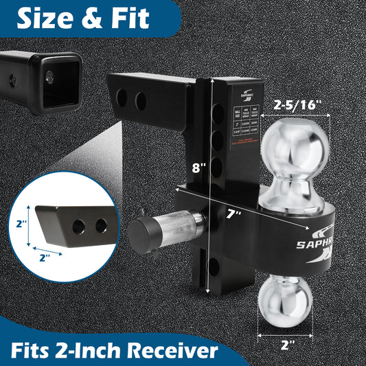 Adjustable Trailer Hitch (Fits 2-Inch Receiver) with 6-Inch Drop/Rise (12,500 LBS GTW) - Dual Ball (2" & 2-5/16") Weather Proof with Anti-Theft Locking Hitch Pins
