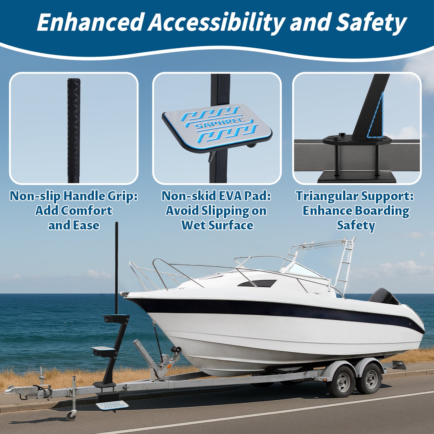 Boat Trailer Steps with Safety Handle, Heavy Duty Material 450 lbs Capacity, 3 Steps Model with EVA Anti-Slip Pad, Universal Fit and 3 Mounting Angle Options
