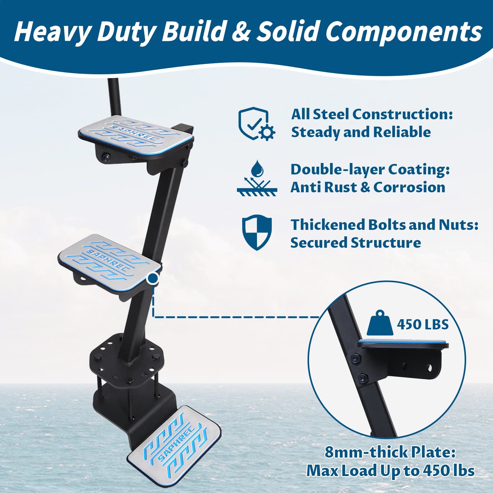 Boat Trailer Steps with Safety Handle, Heavy Duty Material 450 lbs Capacity, 3 Steps Model with EVA Anti-Slip Pad, Universal Fit and 3 Mounting Angle Options — image 2