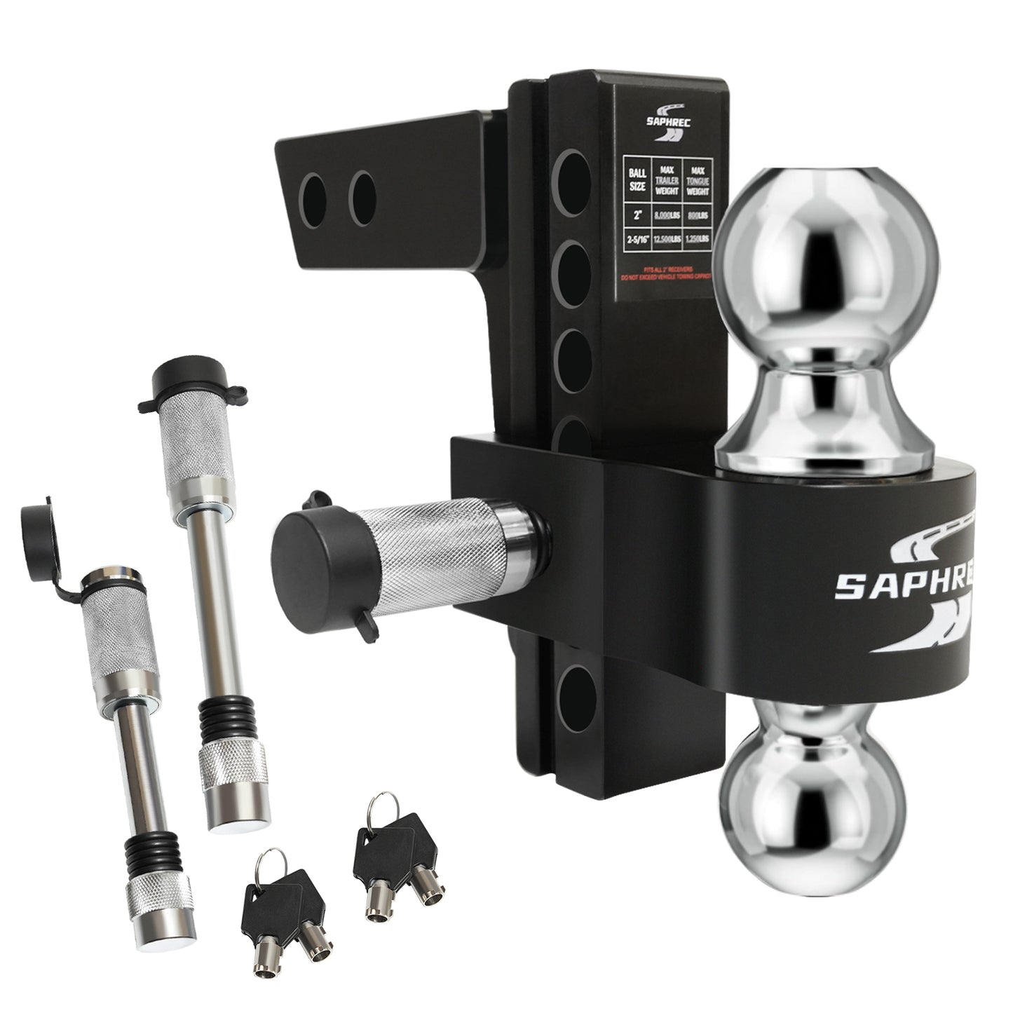 Adjustable Trailer Hitch (Fits 2-Inch Receiver) with 6-Inch Drop/Rise (12,500 LBS GTW) - Dual Ball (2" & 2-5/16") Weather Proof with Anti-Theft Locking Hitch Pins