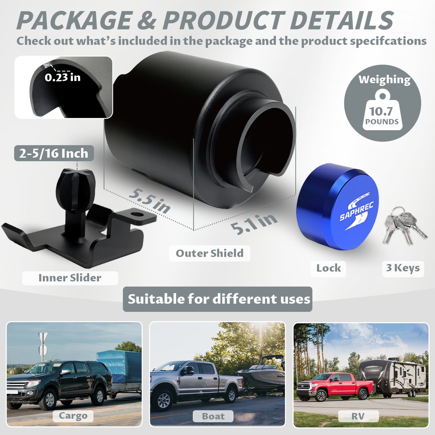 SaphRec 2-5/16 Inch Heavy Duty Anti-theft Trailer Lock