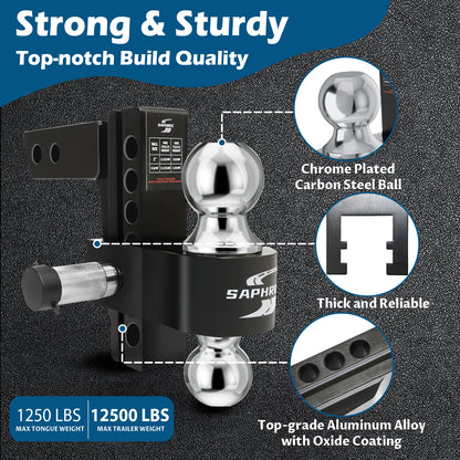 Adjustable Trailer Hitch (Fits 2-Inch Receiver) with 6-Inch Drop/Rise (12,500 LBS GTW) - Dual Ball (2" & 2-5/16") Weather Proof with Anti-Theft Locking Hitch Pins