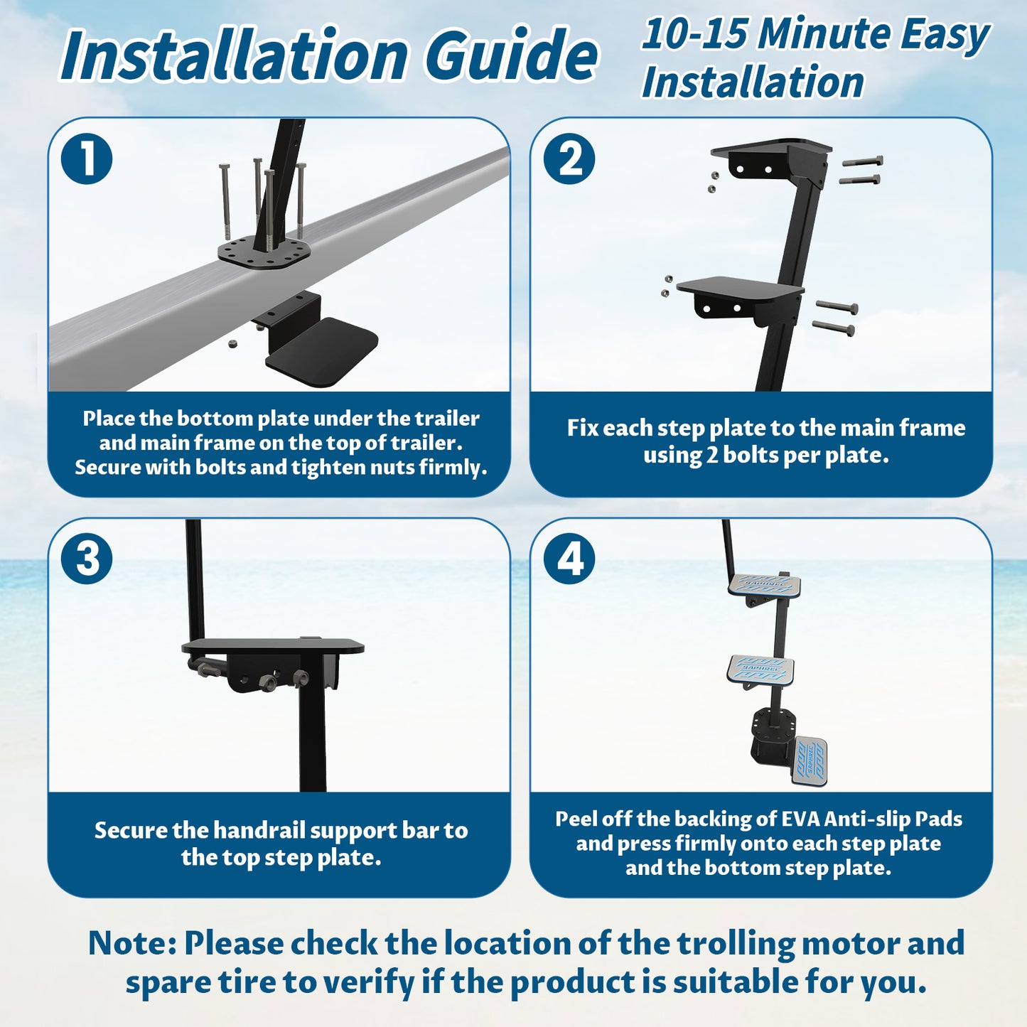 Boat Trailer Steps with Safety Handle, Heavy Duty Material 450 lbs Capacity, 3 Steps Model with EVA Anti-Slip Pad, Universal Fit and 3 Mounting Angle Options