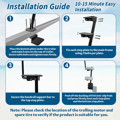 Boat Trailer Steps with Safety Handle, Heavy Duty Material 450 lbs Capacity, 3 Steps Model with EVA Anti-Slip Pad, Universal Fit and 3 Mounting Angle Options