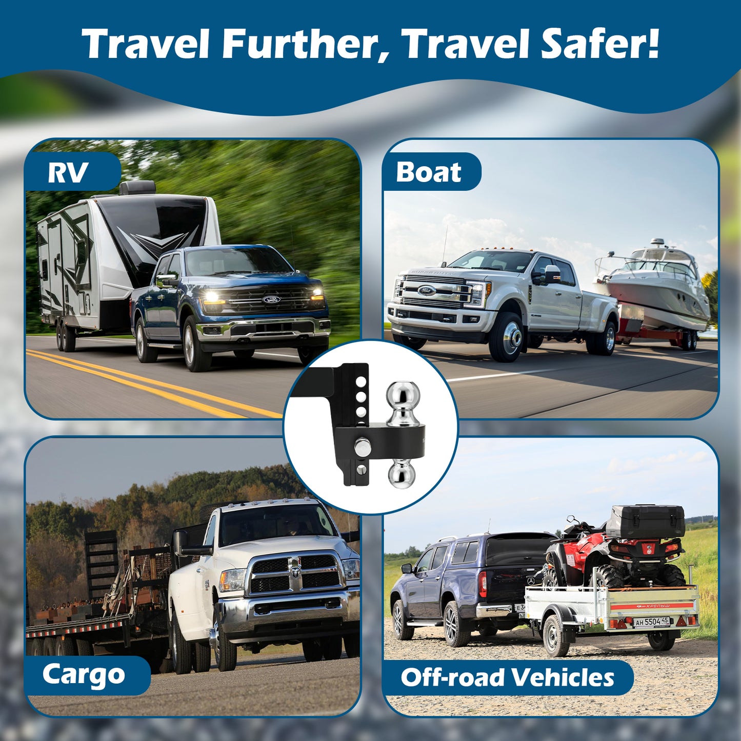 Adjustable Trailer Hitch (Fits 2-Inch Receiver) with 6-Inch Drop/Rise (12,500 LBS GTW) - Dual Ball (2" & 2-5/16") Weather Proof with Anti-Theft Locking Hitch Pins